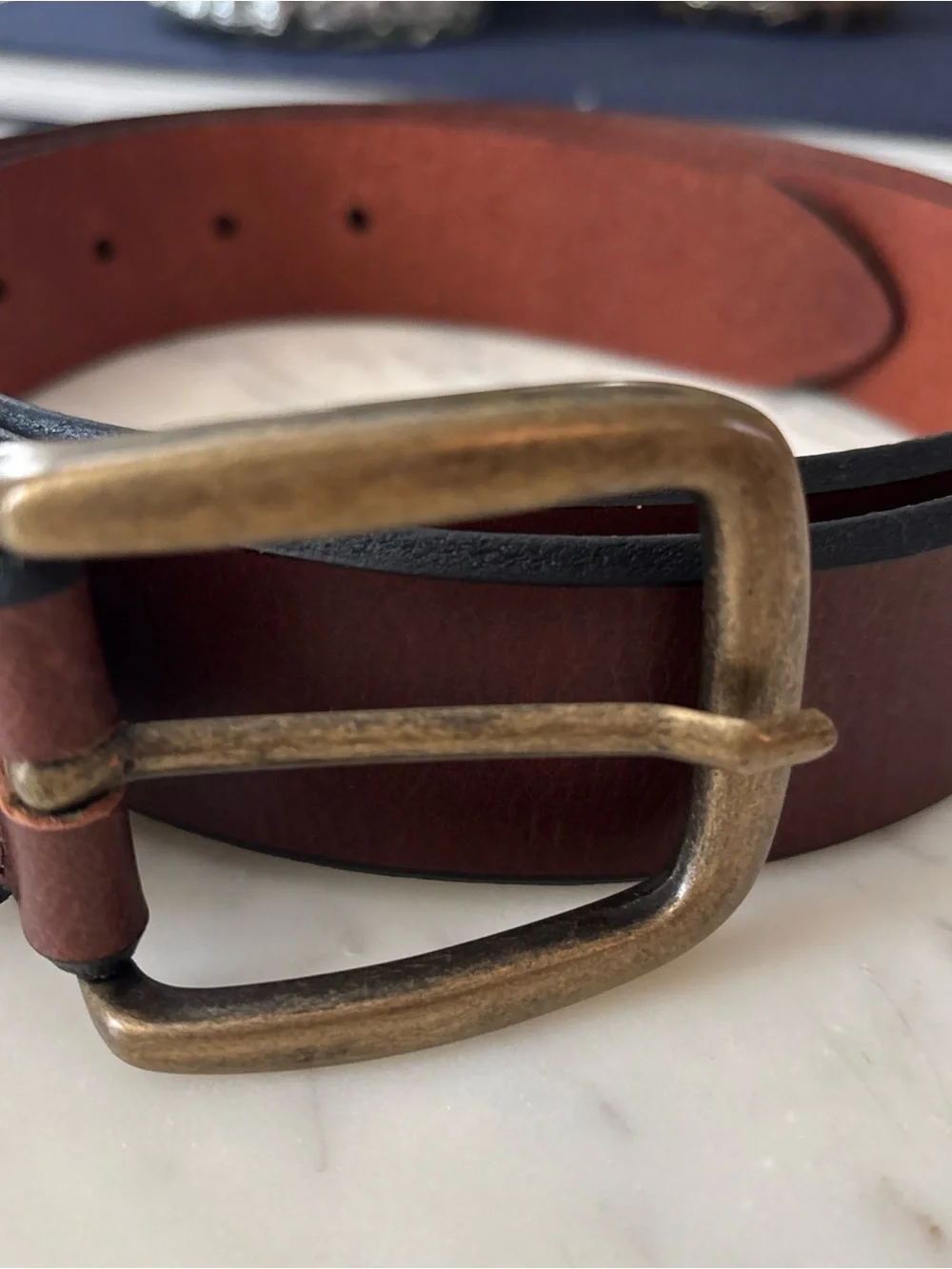 L.L. Bean Two-Tone Brown and Black Leather Belt with Brass Buckle
